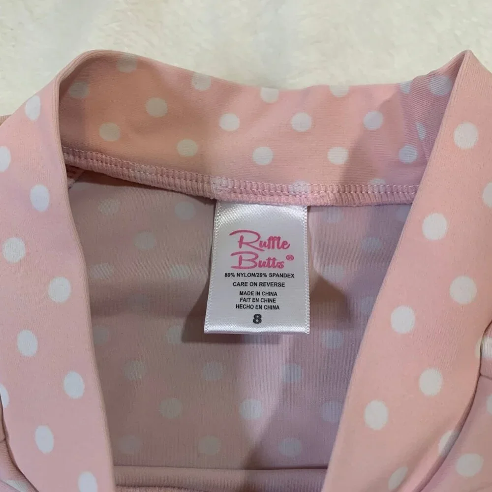 5/$25 RuffleButts Rash Guard Swim Top Kids 8 Pink‎ Polka Dot Ruffle Short Sleeve